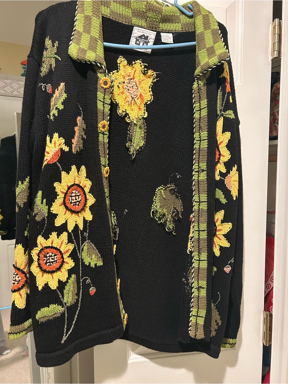 Storybook Knits Black Sunflower Cardigan with Green Plaid Trim